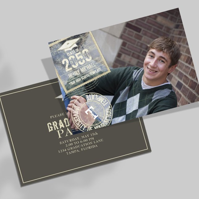 Graduate Gold Typography Photo Template Cool (Graduation photo invitation template with a gold stamped typography.)