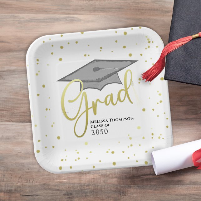 Graduate Grad Gold Calligraphy Graduation Cap Paper Plate (Creator Uploaded)