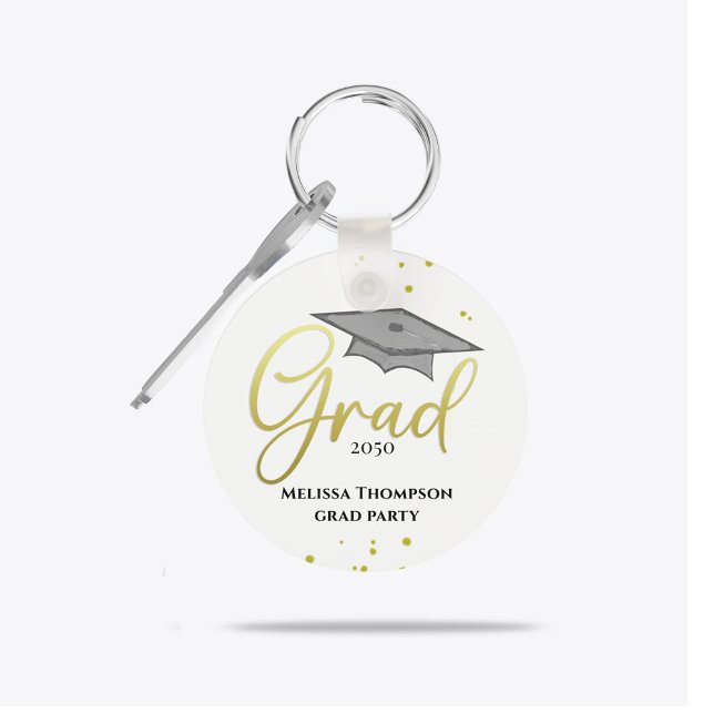 Graduate Grad Gold Graduation Script Party Key Ring (Gold script graduate design on sleek black background for stylish graduation party favor.)