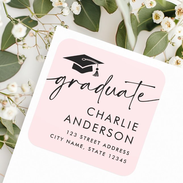 Graduate graduation cap light pink return address square sticker (Graduate graduation cap light pink return address square sticker)