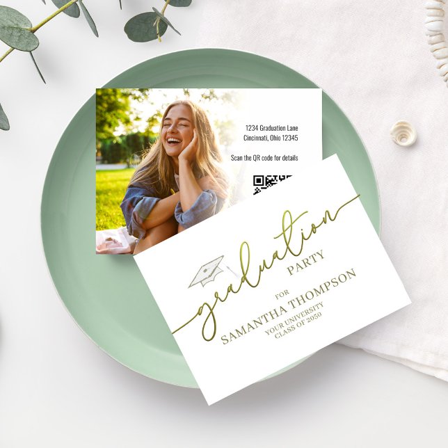 Graduate Graduation Cap Photo Party Insert (Graduation gold calligraphy script party insert card with photo. )