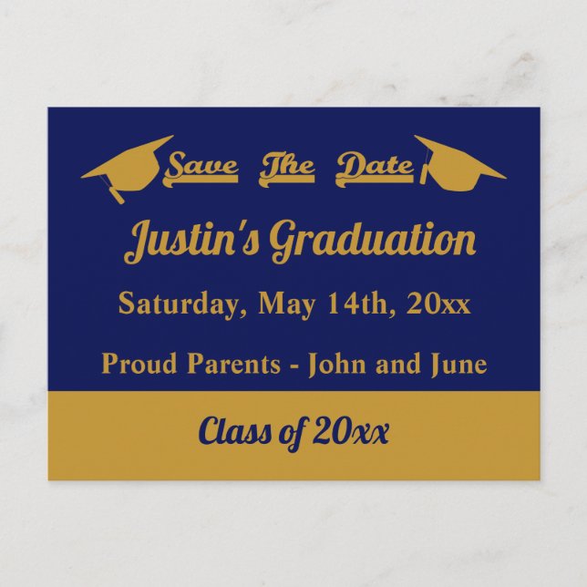 Graduate Graduation Save The Date Blue and Gold Postcard (Front)