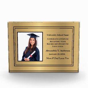 Graduate Graduation School Photo Gold Personalize  Block