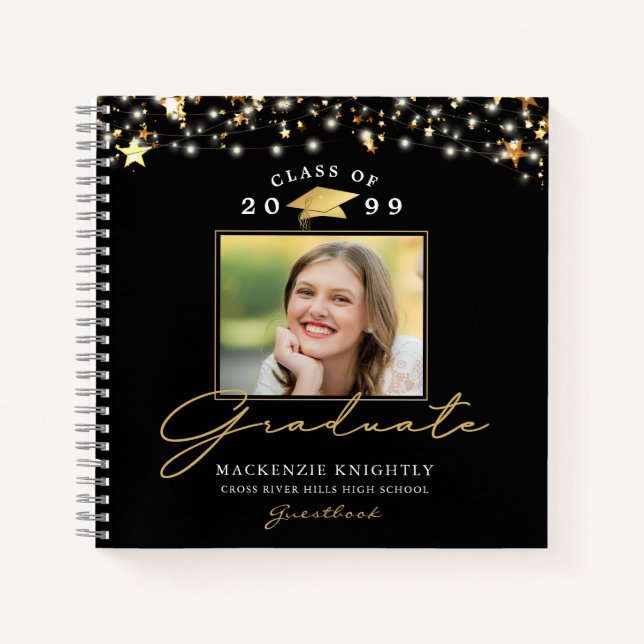 Graduate Guestbook Photo Gold Stars Custom Colour Notebook (Front)