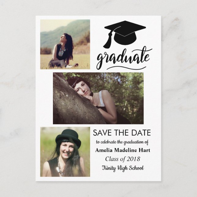 Graduate Handwritten | Save The Date Three Photo Postcard (Front)