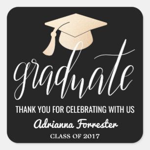 Graduate Handwritten Script   Hat Thank You Black Square Sticker