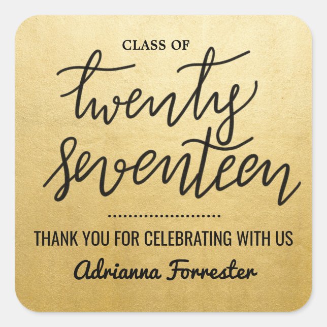 Graduate Handwritten Script | Thank You Gold Foil Square Sticker (Front)