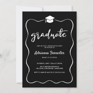 Graduate Hat Modern Cute Ribbon Frame Black Invitation