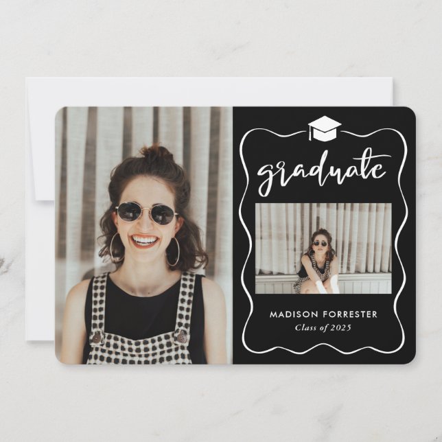 Graduate Hat Script Black Minimal Photo Collage Invitation (Front)