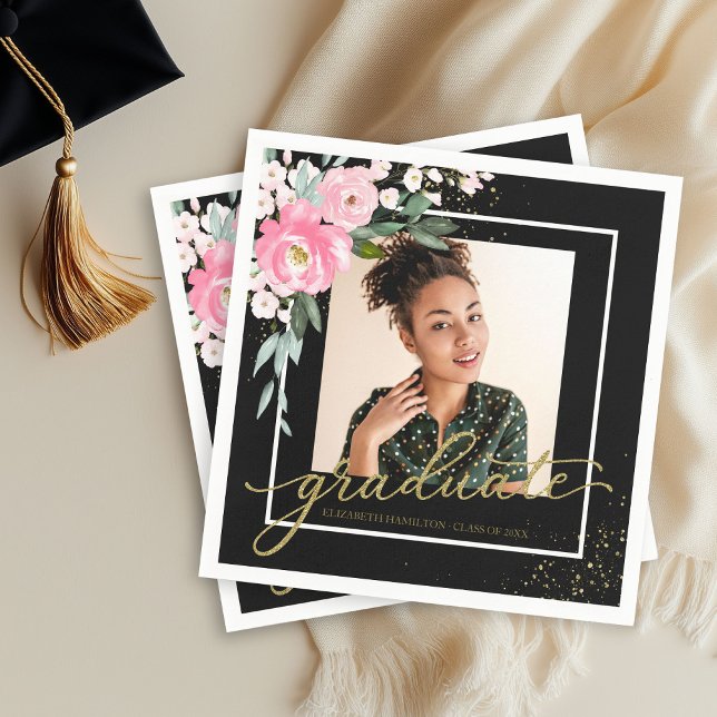 Graduate Hot Pink Floral Grad Party Photo Black  Napkin (Creator Uploaded)