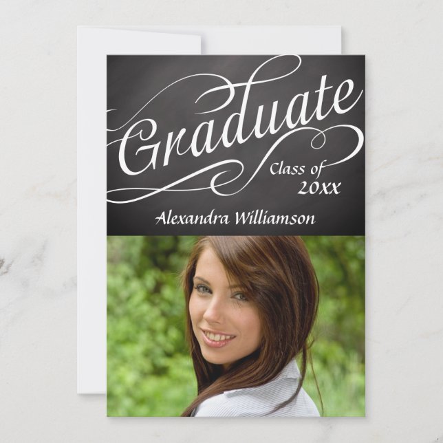 Graduate in Swirly Script Chalkboard w/ Photo Invitation (Front)
