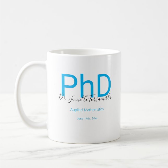 Graduate Keepsake Black Blue Name PhD Graduation Coffee Mug (Left)