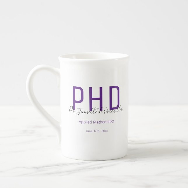 Graduate Keepsake Purple Name Degree PhD Bone China Mug (Left)