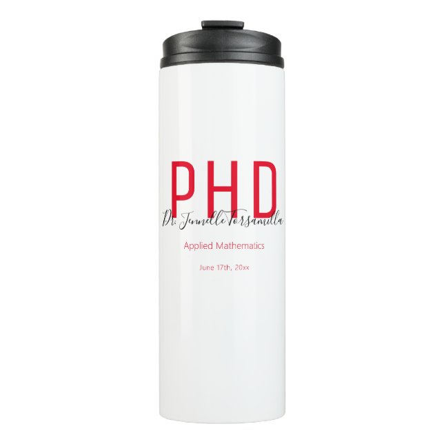 Graduate Keepsake Red Black Name Degree PhD Thermal Tumbler (Front)