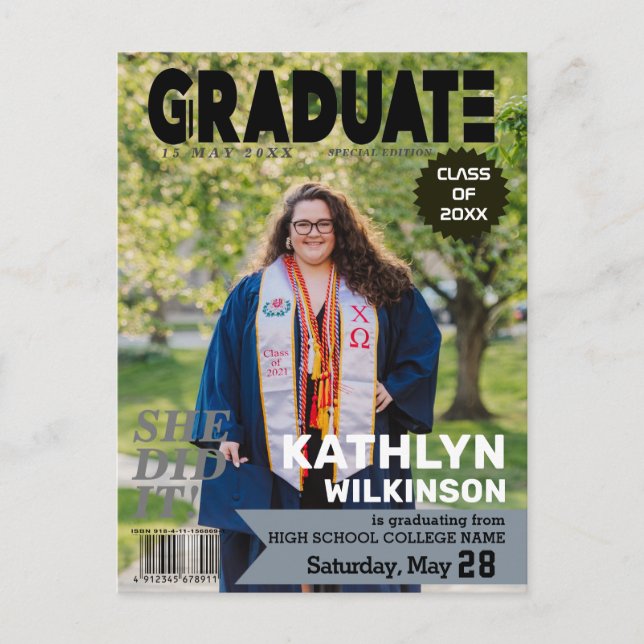 GRADUATE Magazine Cover Style Modern Photo Announcement Postcard (Front)