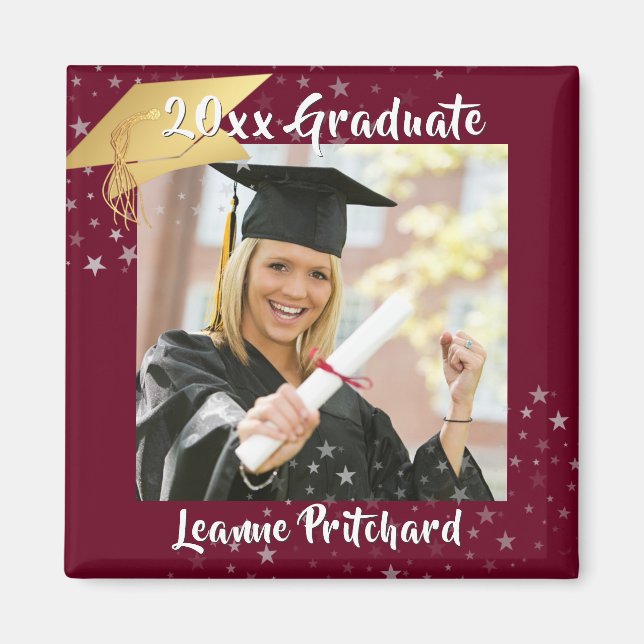 Graduate Maroon Gold Cap Brush Script Photo Stars Magnet (Front)