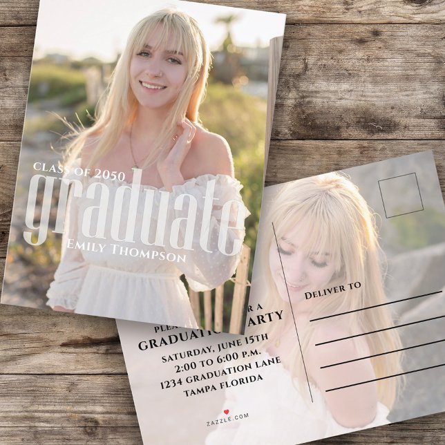Graduate Minimalist Simple Modern Two Photo Budget Invitation Postcard (Creator Uploaded)