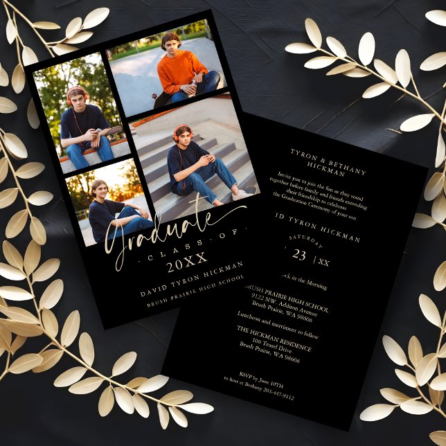 Graduate Modern Black Trendy Collage 4 Photos  Invitation (Black Trendy Collage 4 Photos Modern Graduate Invitation Card for Ceremony and Party. )