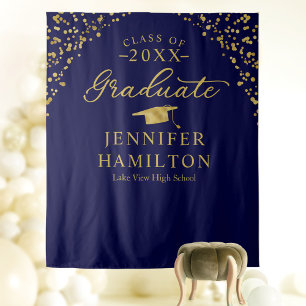 Graduate Modern Blue Gold Graduation Backdrop  Tapestry