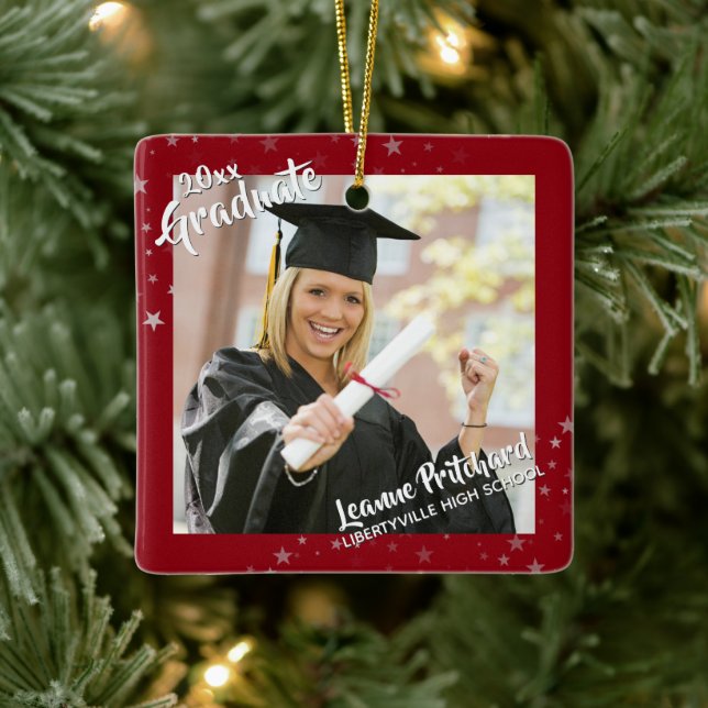 Graduate Modern Brush Script Stars Two Photos Red Ceramic Ornament (Tree)