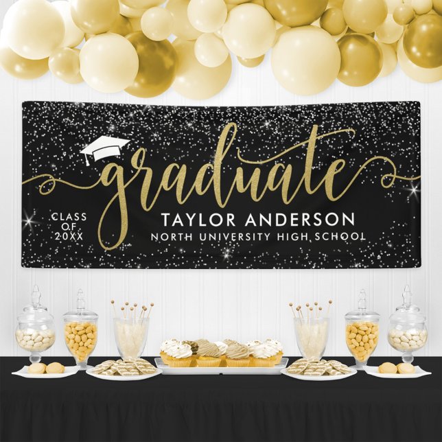 Graduate Modern Gold Script Black Graduation Party Banner (Creator Uploaded)