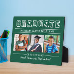 Graduate Modern Green 3 Photo Graduation Plaque<br><div class="desc">Classic 3 photo graduation plaque display sign with easel features Graduate in bold serif lettering with modern custom text that can be fully customised with the graduate's full name, class year, and school name. Add three favourite pictures of the graduate to the square placeholder images. Green background colour can be...</div>
