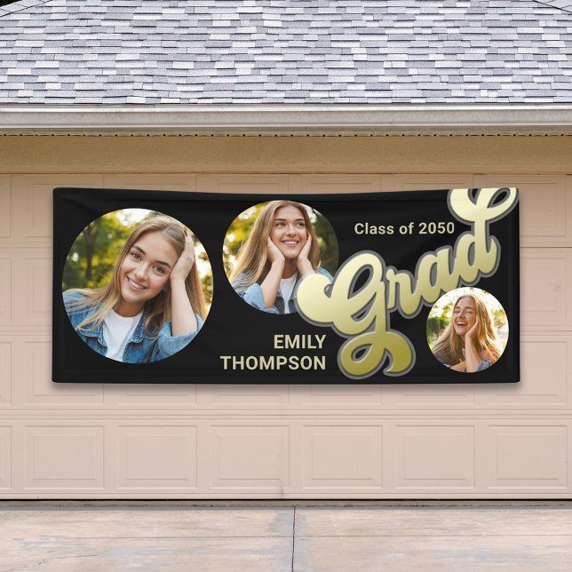 Graduate Modern Photo Black and Gold Typography Banner (Graduation gold typography multi-photo banner. )