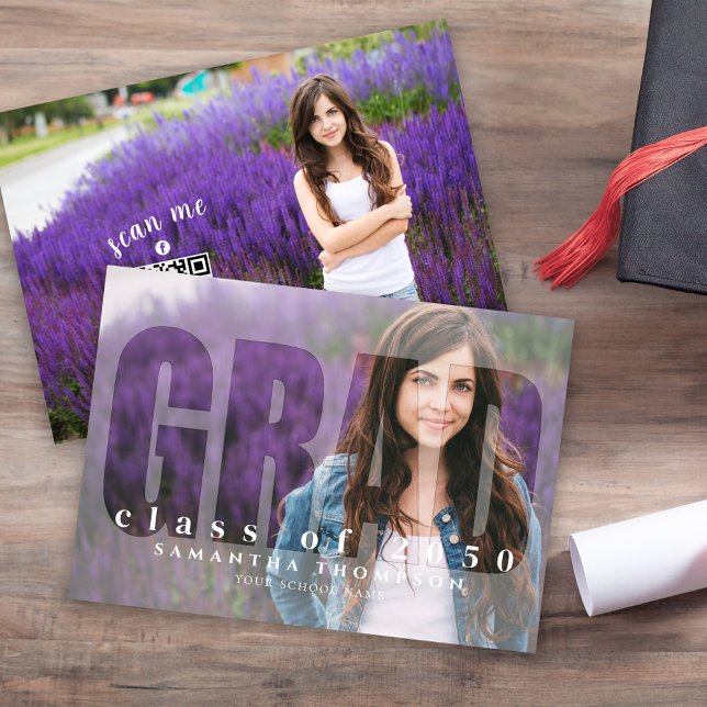 Graduate Modern Photo Template Typography Overlay (Creative graduation photo invitation with "GRAD" Typography photo overlay. )