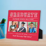 Graduate Modern Red 3 Photo Graduation Plaque<br><div class="desc">Classic 3 photo graduation plaque display sign with easel features Graduate in bold serif lettering with modern custom text that can be fully customised with the graduate's full name, class year, and school name. Add three favourite pictures of the graduate to the square placeholder images. Red background colour can be...</div>