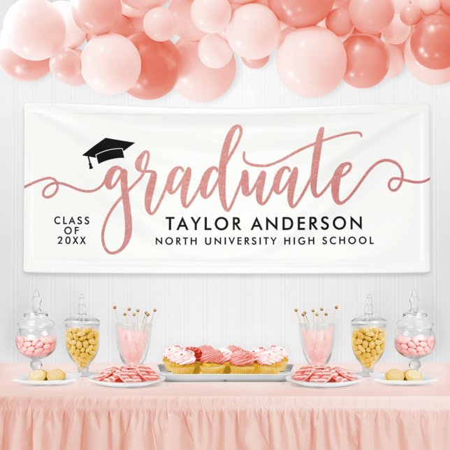 Graduate Modern Rose Gold Script Graduation Party Banner (Creator Uploaded)