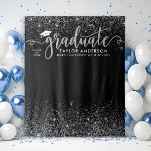 Graduate Modern Silver Script Graduation Party Tapestry
