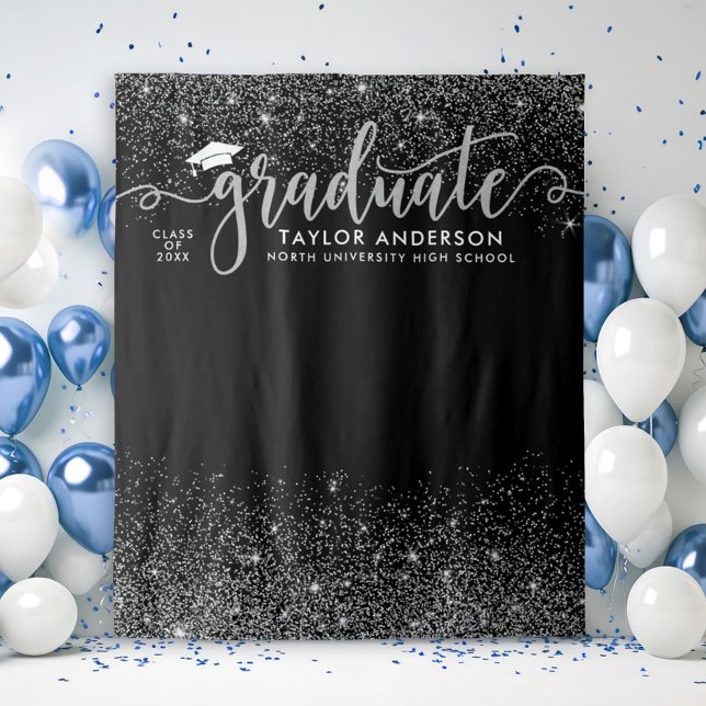 Graduate Modern Silver Script Graduation Party Tapestry (Creator Uploaded)