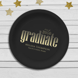 Graduate Modern Simple Gold Minimalist Black Paper Plate