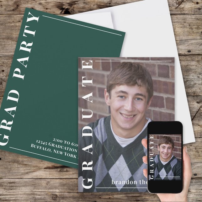 Graduate Modern Simple Photo Minimalist Green  Invitation (Creator Uploaded)