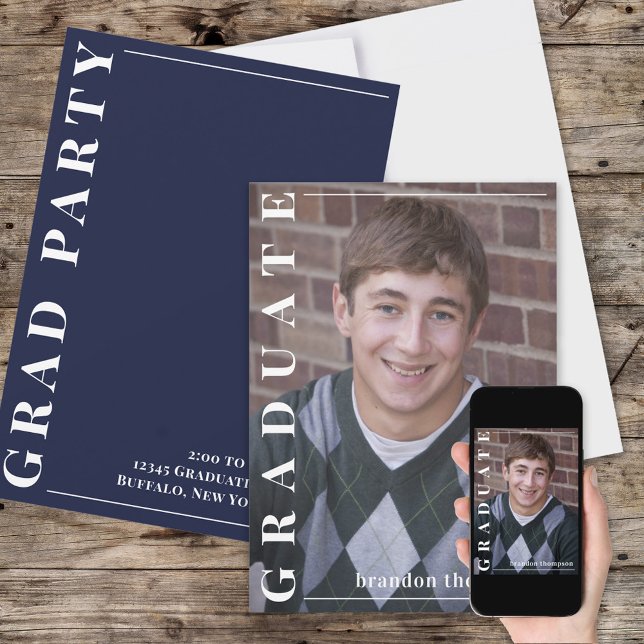 Graduate Modern Simple Photo Minimalist Navy Blue Invitation (Creator Uploaded)