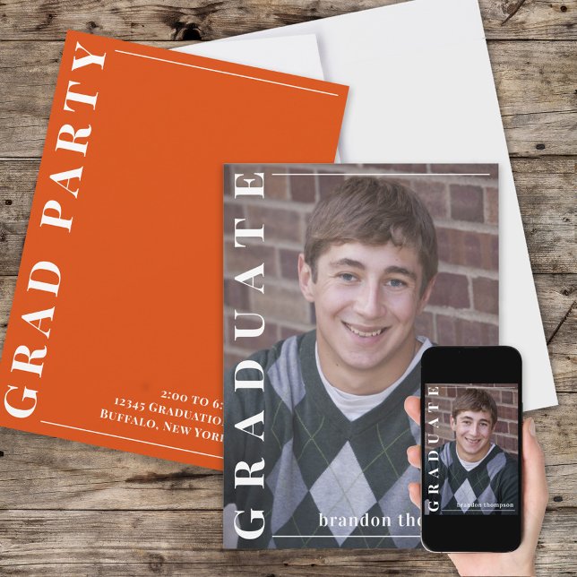 Graduate Modern Simple Photo Minimalist Orange Invitation (Creator Uploaded)