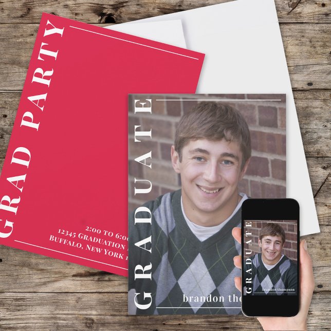 Graduate Modern Simple Photo Minimalist Red Invitation (Creator Uploaded)