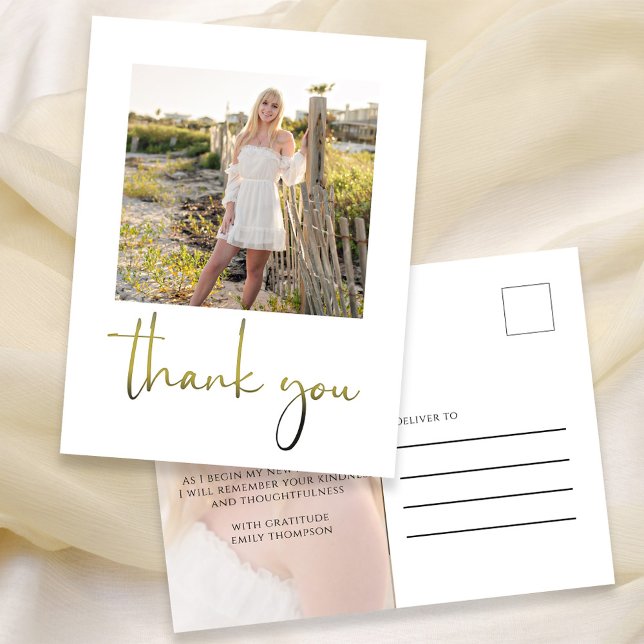 Graduate Modern Simple Trendy Minimalist Thank You Postcard (Simple thank you postcard with elegant gold calligraphy script. )