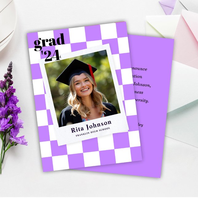 Graduate Modern Stylish Photo Chequered Graduation Announcement (Purple Modern Stylish Photo Checkered Graduation Announcement)
