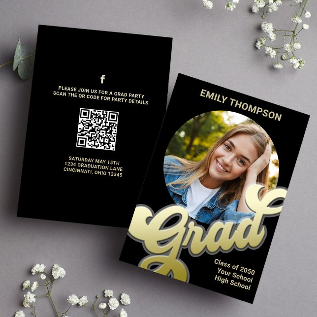 Graduate Modern Stylish Photo Template Retro Gold (Graduation photo invitation announcement with scannable QR Code. )