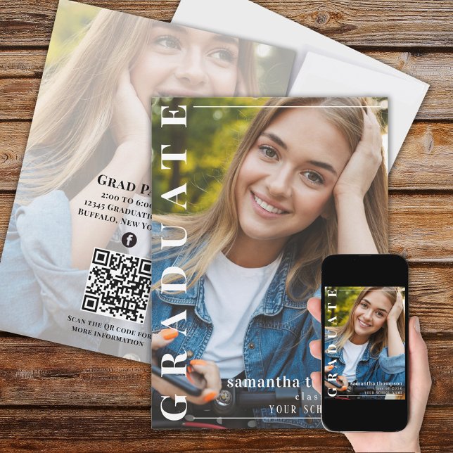 Graduate Modern Two Photo | QR Code Social Media Invitation (Graduation photo invitation announcement with modern style typography)