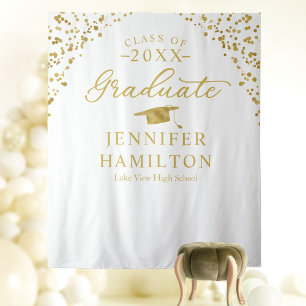 Graduate Modern White Gold Graduation Backdrop Tapestry