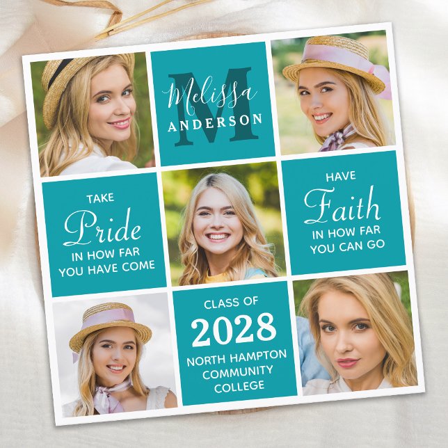 Graduate Monogram 5 Photo Collage Teal Graduation Announcement (Creator Uploaded)