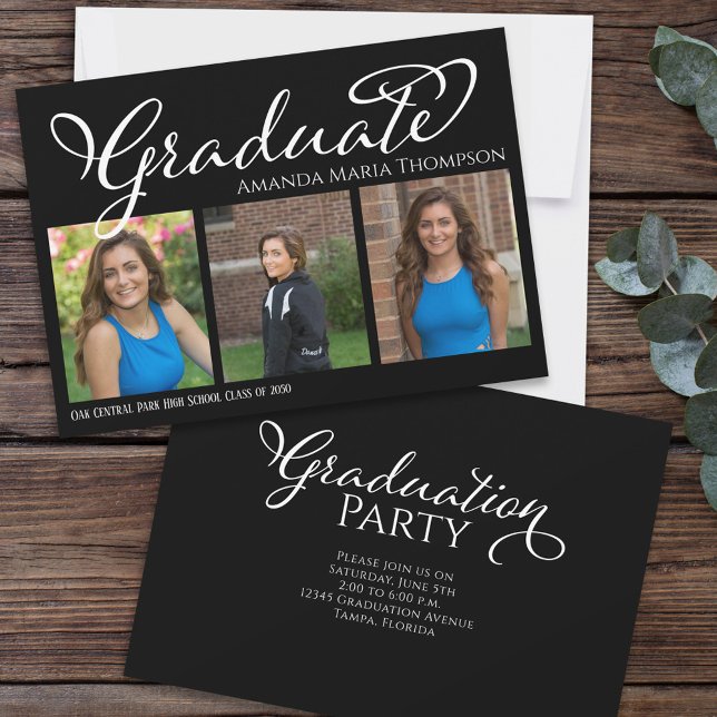 Graduate Multi Photo Black Elegant Calligraphy  Invitation (Creator Uploaded)