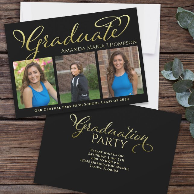 Graduate Multi Photo Black Gold Calligraphy Invitation (Graduation photo invitation with black and gold typography)