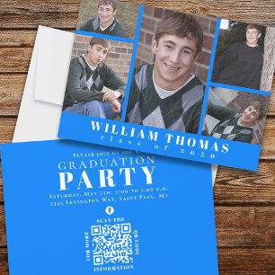 Graduate Multi Photo Collage Azure Blue QR Code Invitation