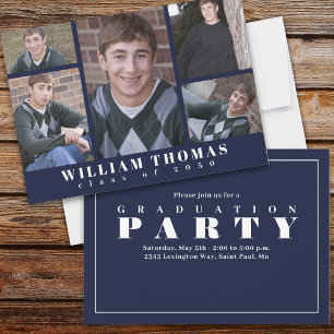 Graduate Multi Photo Collage Navy Blue Minimalist Invitation