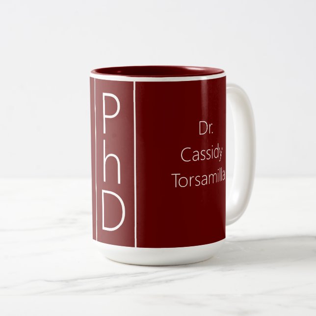 Graduate Name Burgundy PhD Two-Tone Coffee Mug (Front Right)