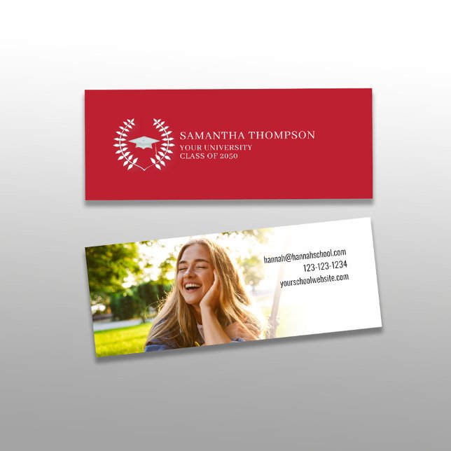 Graduate Name Card Black and White Photo Red (Graduation simple name card with photo template in Cardinal red school color theme.)