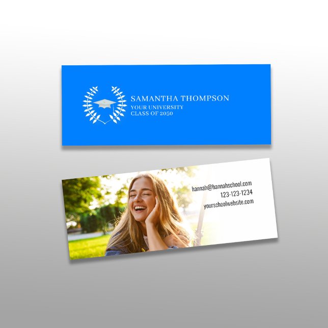 Graduate Name Card Photo Elegant Blue and White (Graduation simple name card with photo template in Azure blue school color theme.)